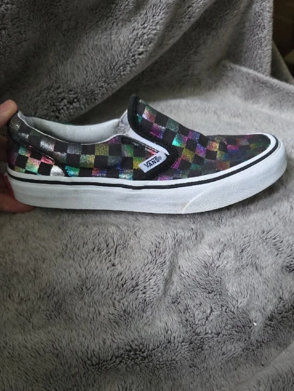 Vans Kids Size 2Y Slip-On Checkerboard Sneakers in Black with Iridescent Accents